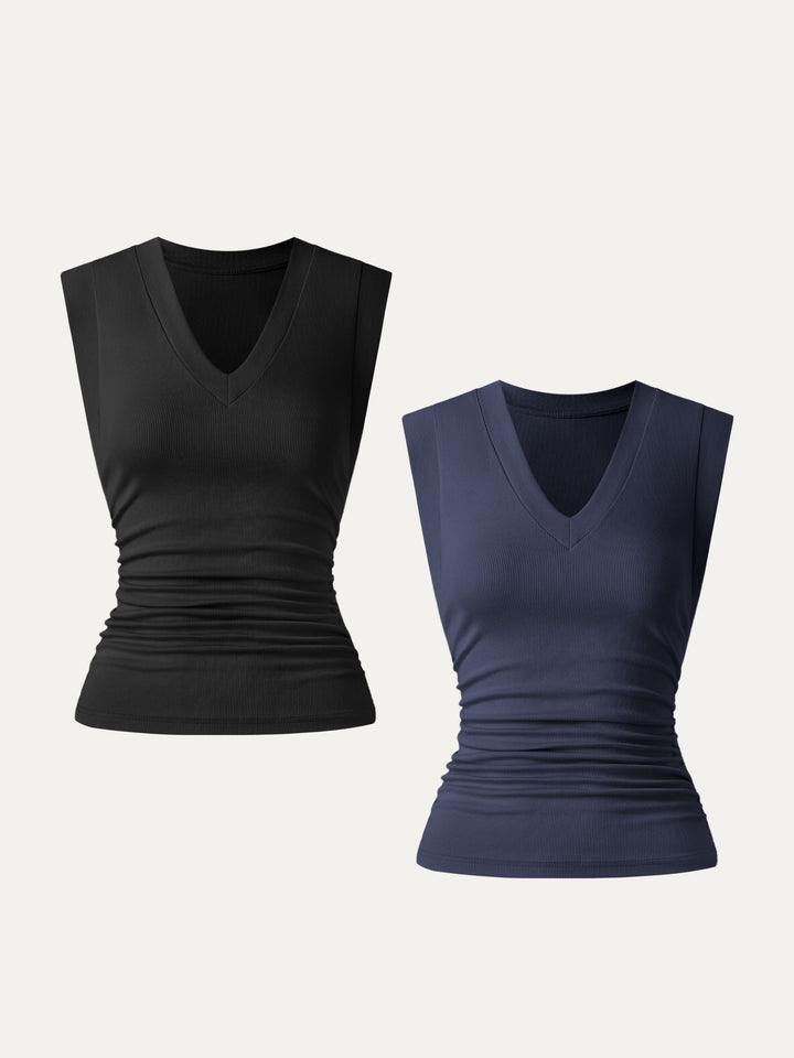 2Pcs Set Stretch Cotton V-neck Side Ruched Muscle Tee Black/Navy XS