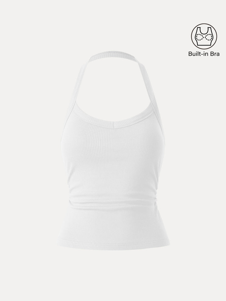 Halter Neck Side Ruched Ribbed Brami Tank White XS