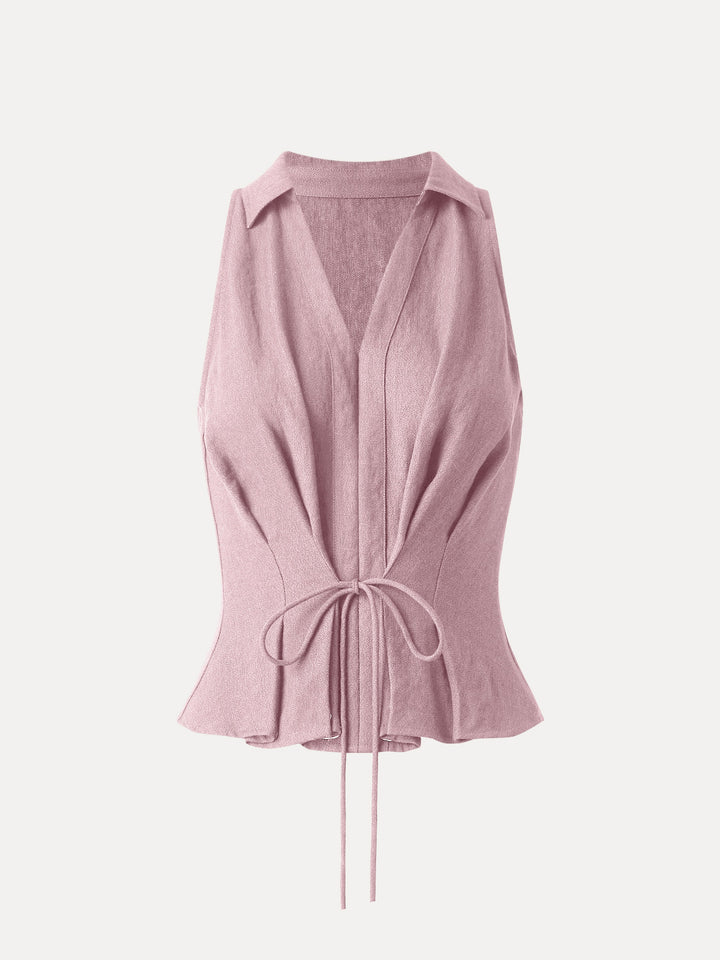 Collared V-neck Pleated Sleeveless Top with Drawstring Soft Pink XS