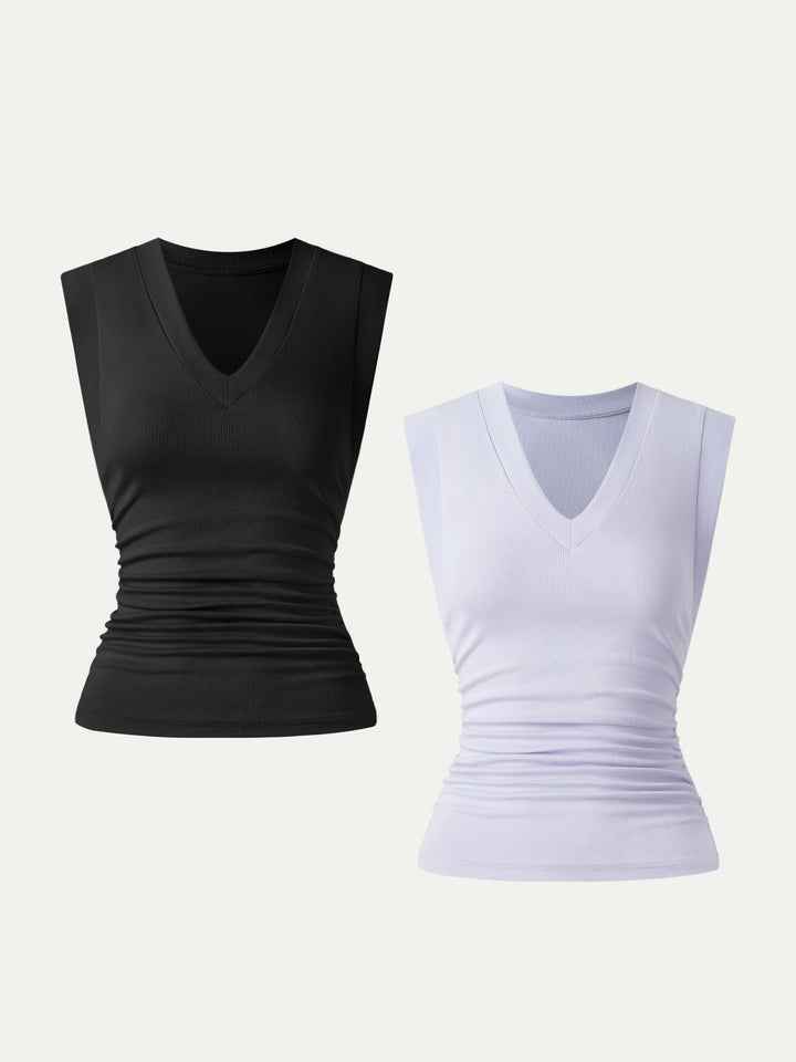 2Pcs Set Stretch Cotton V-neck Side Ruched Muscle Tee Black/Powder Lilac XS
