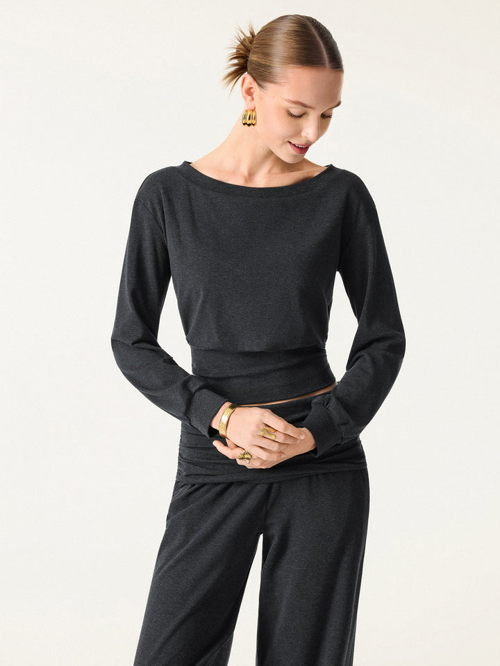 2Pcs Set Boatneck Brami & Drapey Wide Leg Pull-on Pants with Pockets