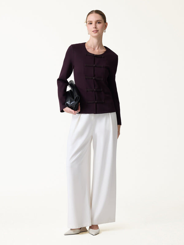 OGLmove Stretch Ponte Frog-Button Round Neck Long Sleeve Jacket