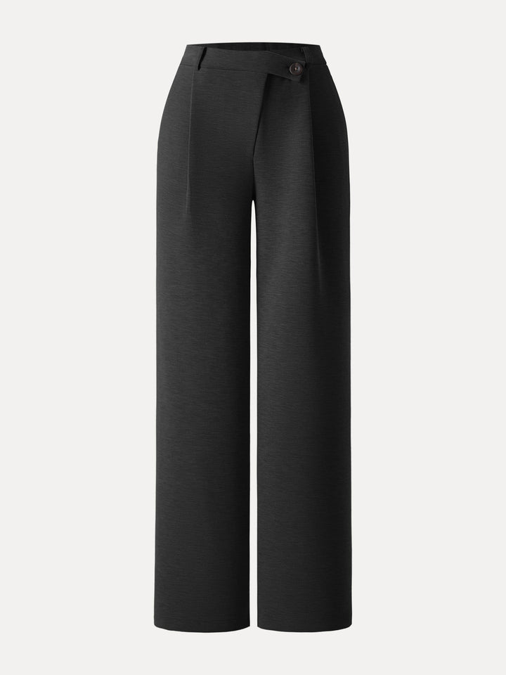 Cozy Warm High Rise Slanted Fly Front Wide Leg Pants Regular Black