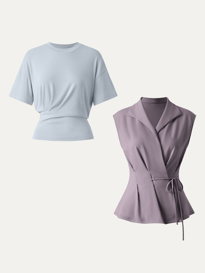2Pcs Set Flap Collar Surplice Top with Drawstring Tie & Crewneck Tucked Tee