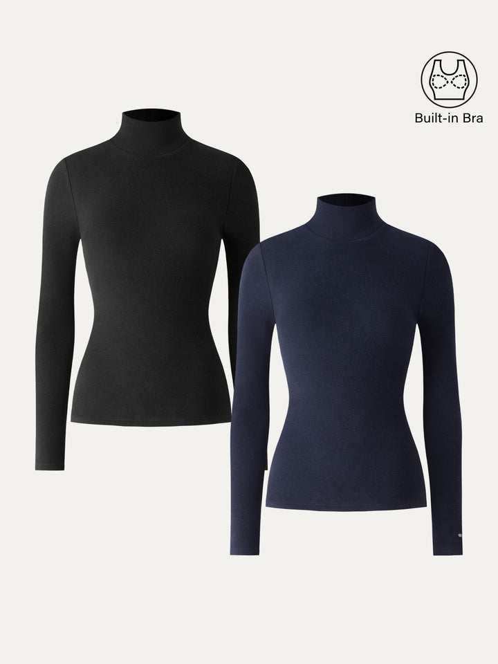 2Pcs Set LiteWarm Turtleneck Long Sleeve Brami Black/Midnight Navy XS