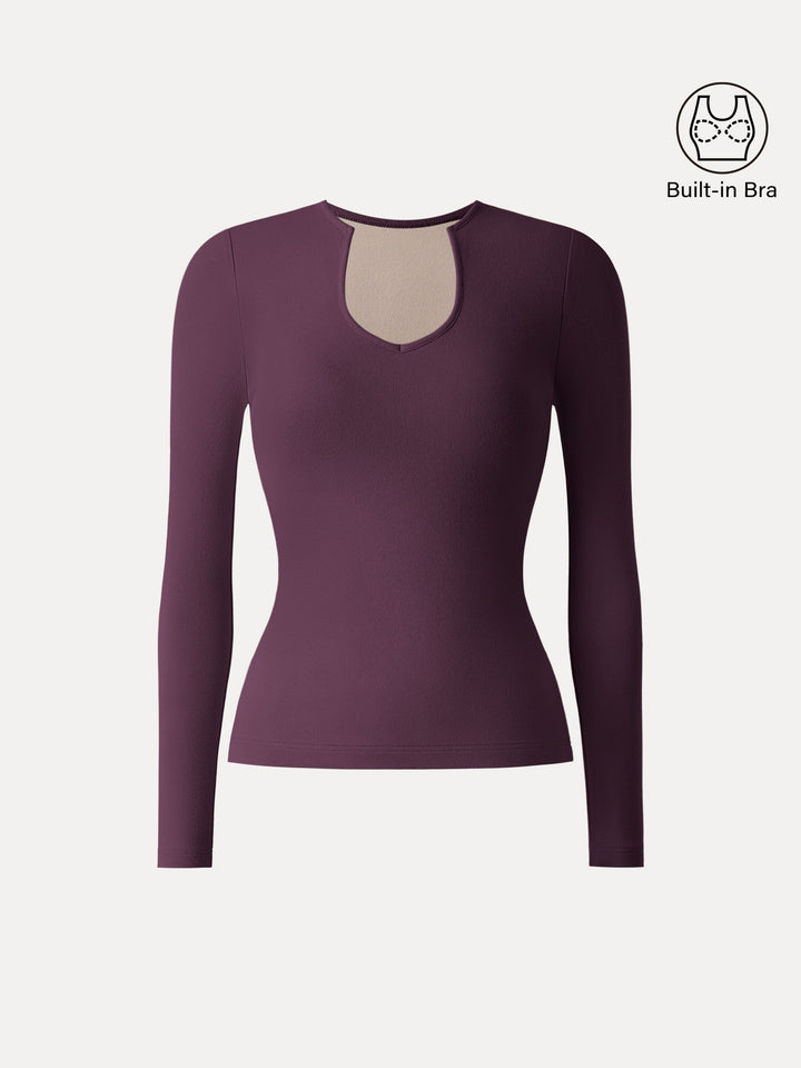 Light Warm Curved V-Neck Long Sleeve Brami Top Plum Berry XS