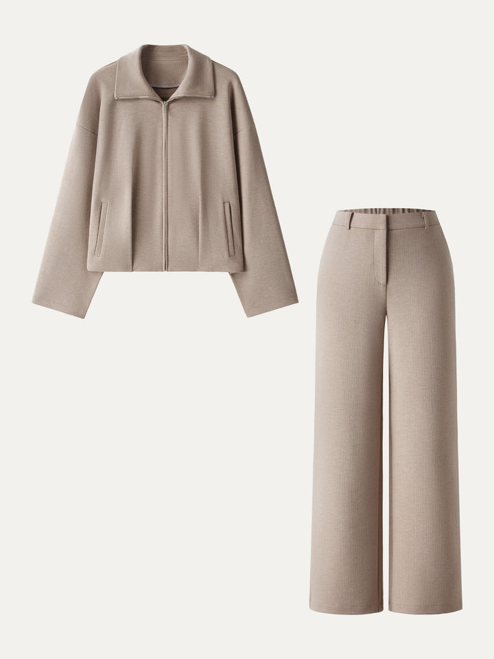 2Pcs Set Textured Full Zip Jacket & Mid Rise Straight Leg Pants with Pockets