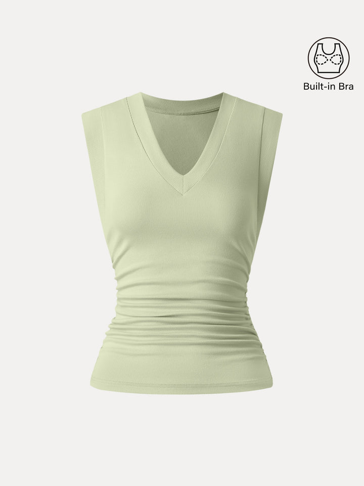 Stretch Cotton V-neck Side Ruched Muscle Tee