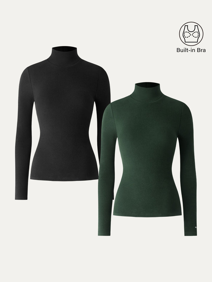 2Pcs Set LiteWarm Turtleneck Long Sleeve Brami Black/Deep Bush XS