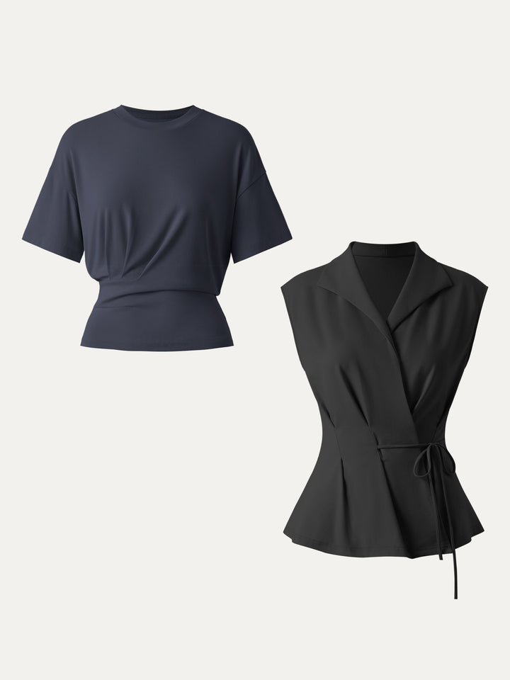 2Pcs Set Flap Collar Surplice Top with Drawstring Tie & Crewneck Tucked Tee