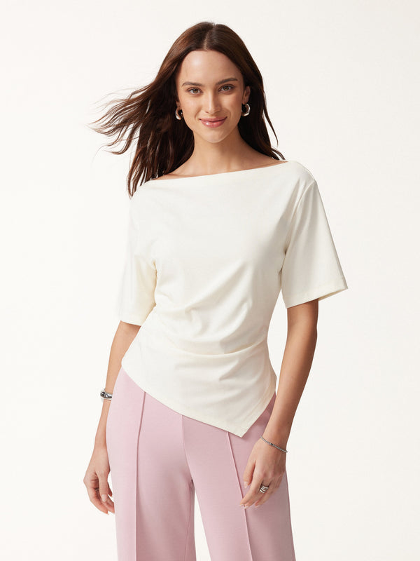 OGLmove Cotton Blend Boatneck Elbow Sleeve Tucked Top Milk Cream XXS