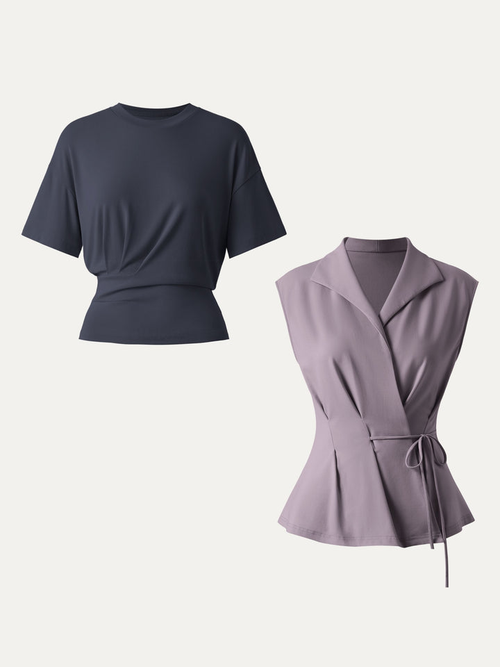 2Pcs Set Flap Collar Surplice Top with Drawstring Tie & Crewneck Tucked Tee