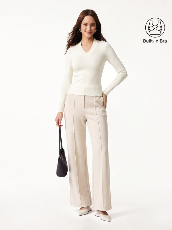 OGLmove 2Pcs Set V-neck Slimming Built-In Bra Top 2.0 & High Waisted Straigh Leg Pant Off White/Heather Beige XXS