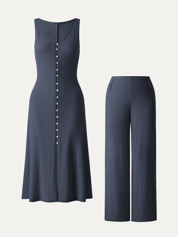2Pcs Set V-neck Button Front Midi Vest Dress & Mid Rise Straight Leg Pant Smoky Navy XS