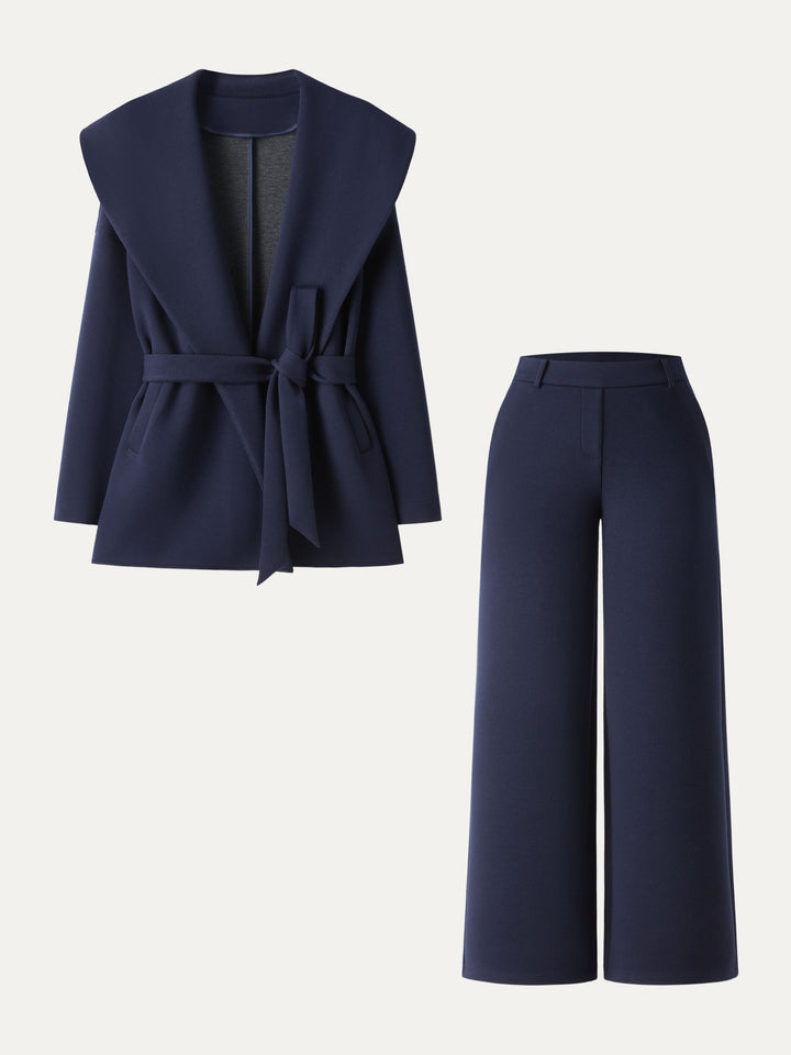 2Pcs Set Petite Straight Pants with Pockets & Belted Shawl Collar Robe Jacket Universe Navy XS