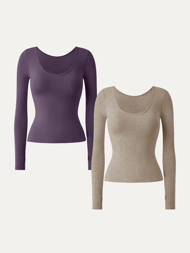 2Pcs Set Lyocell Cashmere Multi-Wear Long Sleeve Top with Thumbholes Heather Calico/Plum Wine XS