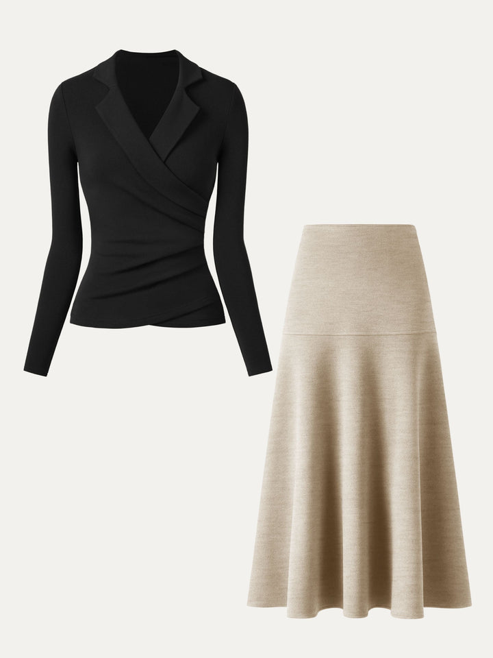 2Pcs Set Collared Surplice Top & Flared Maxi Skirt