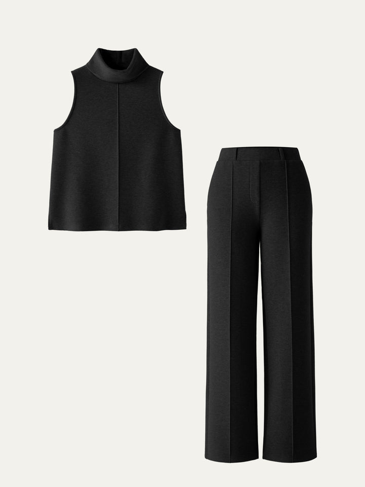 2Pcs Set Split Hem Top & High Waisted Straight Leg Pant