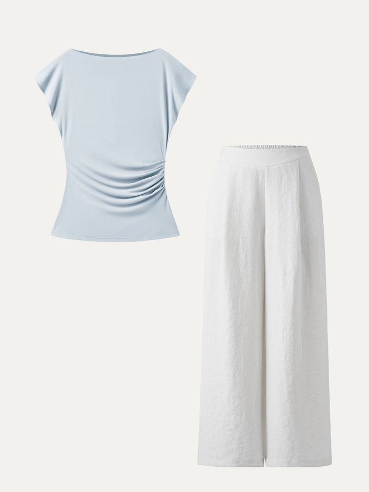 2Pcs Set Boatneck Flutter Sleeve Long Tee & Breezy Linen Wide Leg Pant with Pockets
