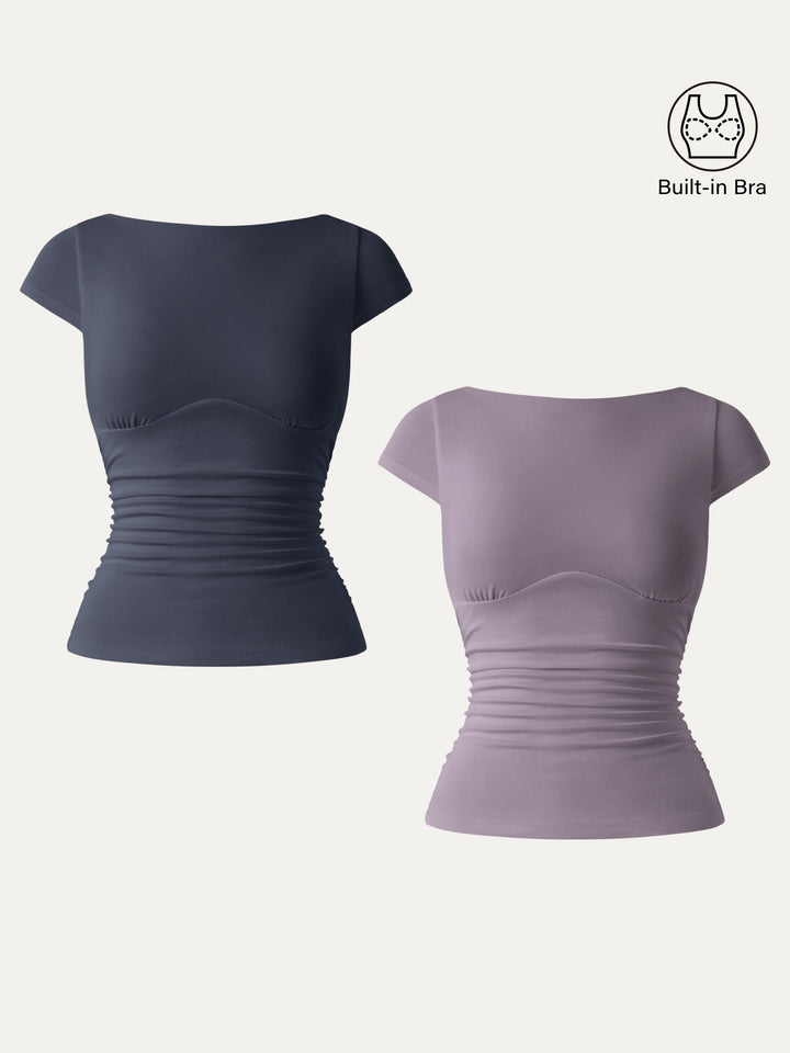 2Pcs Set Sandwashed Boatneck Cap Sleeve Ruched Brami Deep Navy/Taro Tea XS