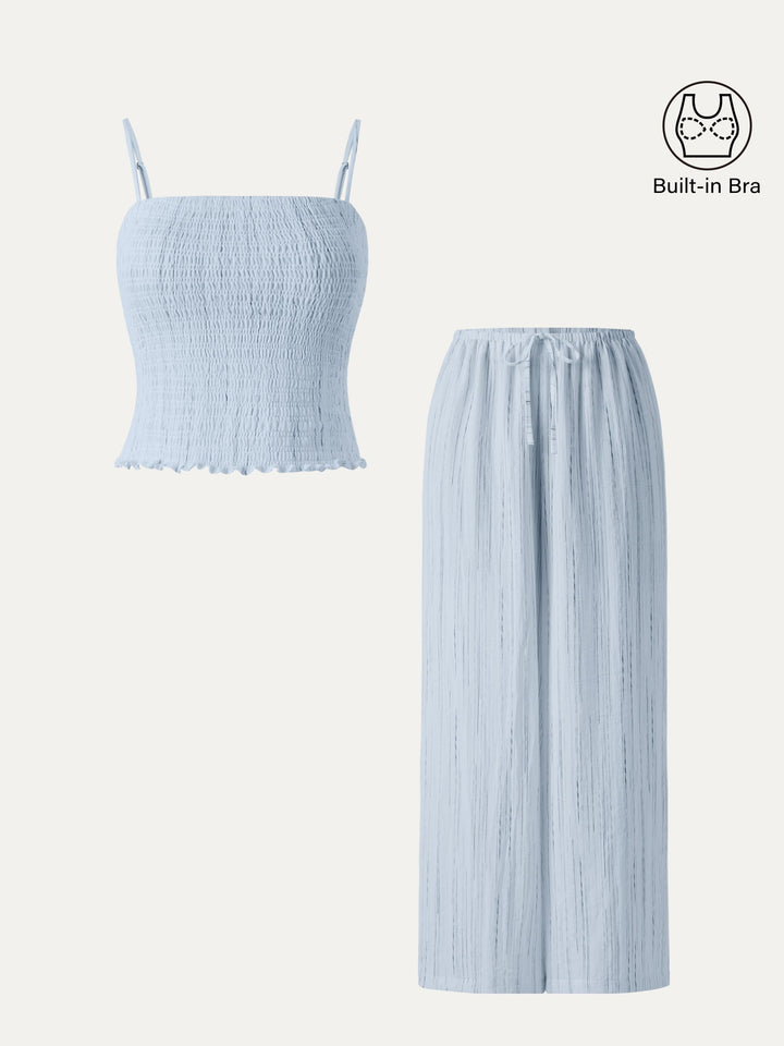 2Pcs Set Striped Adjustable Spaghetti Brami & Striped Wide Leg Pants with Pockets Arctic Ash Stripe XS