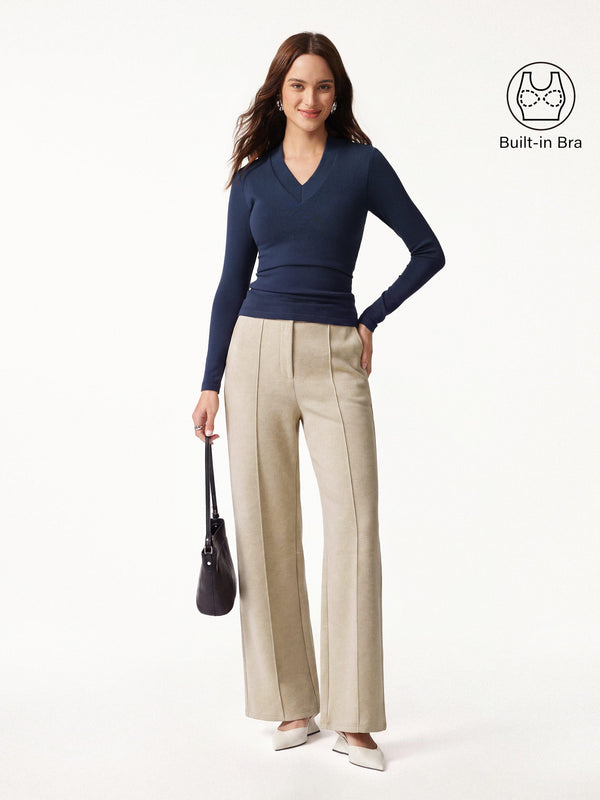 OGLmove 2Pcs Set V-neck Slimming Brami Top & High Waisted Straigh Leg Pant Navy/Heather Morganite XXS