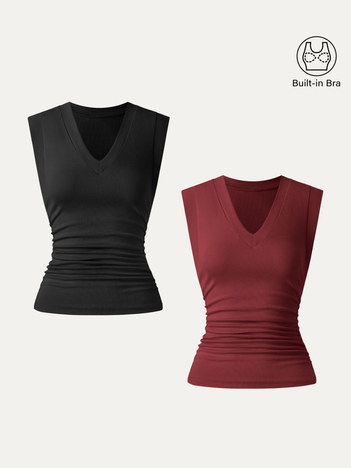 2Pcs Set Brami Stretch Cotton V-neck Side Ruched Muscle Top Black/Retro Red XS