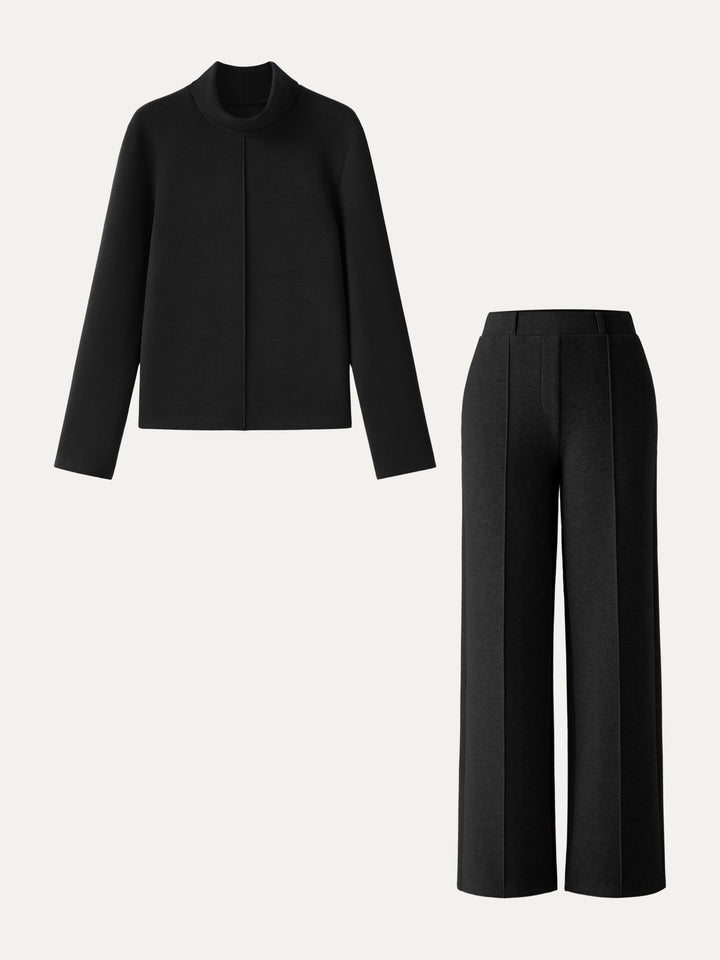 2Pcs Set FuzzLuxe Turtleneck Top & Regular High Waisted Straight Leg Pull On Pant Black XS