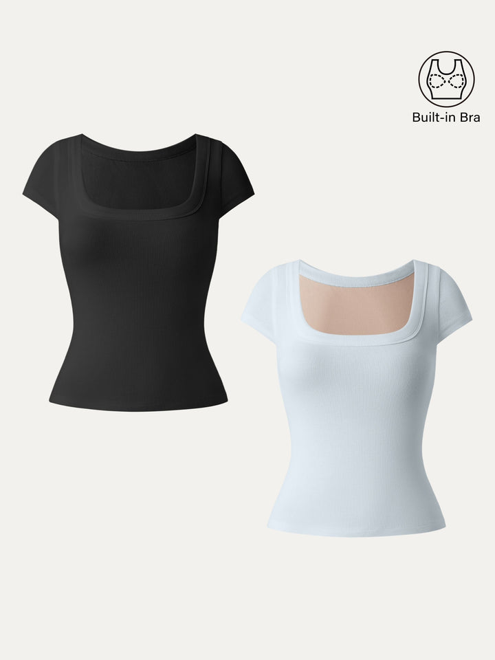 2Pcs Set Stretch Cotton Square Neck Cap Sleeve Brami Black/Foam Blue XS
