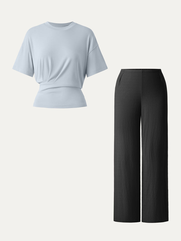 2Pcs Set Sandwashed Crewneck Tee & Cotton-linen Mid Rise Straight Leg Pant