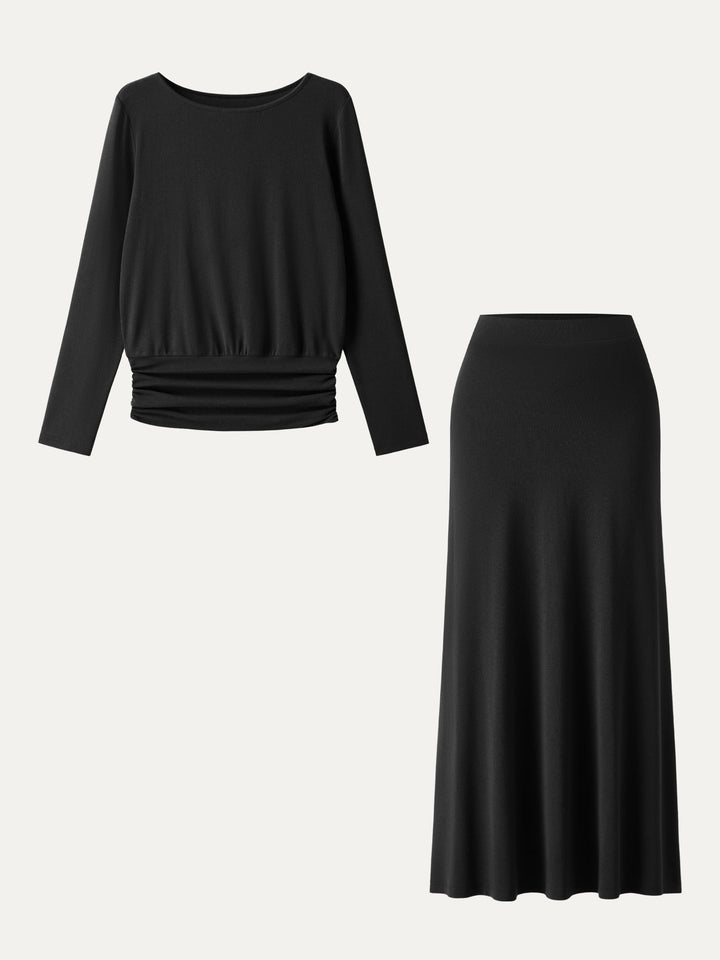 2Pcs Set Light Warm Round Neck Side Ruched Top & Pull-on Circle Flared Maxi Skirt Black XS