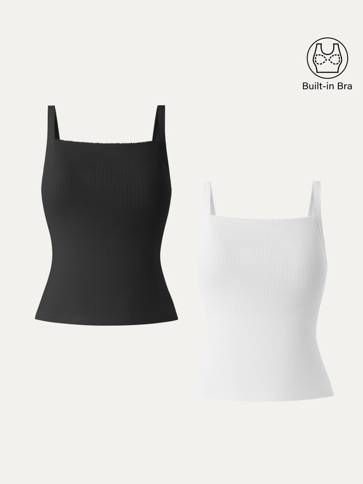2Pcs Set Stretch Cotton Pointelle Wide Straps Brami Tank White/Black XS