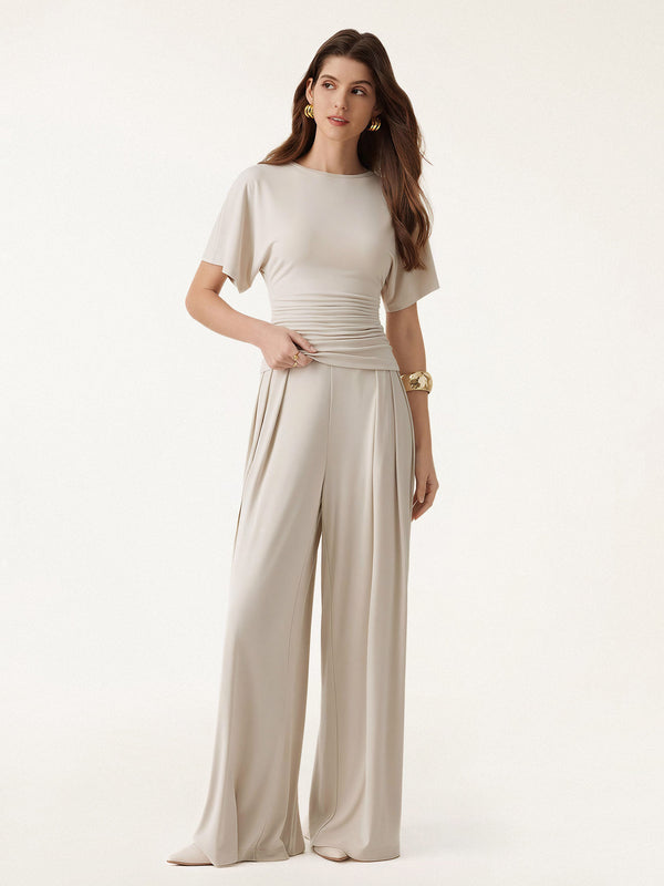 OGLmove 2Pcs Set Boatneck Batwing Sleeve Top & Wide Leg Palazzo Pants with Pockets Morning Mist XS