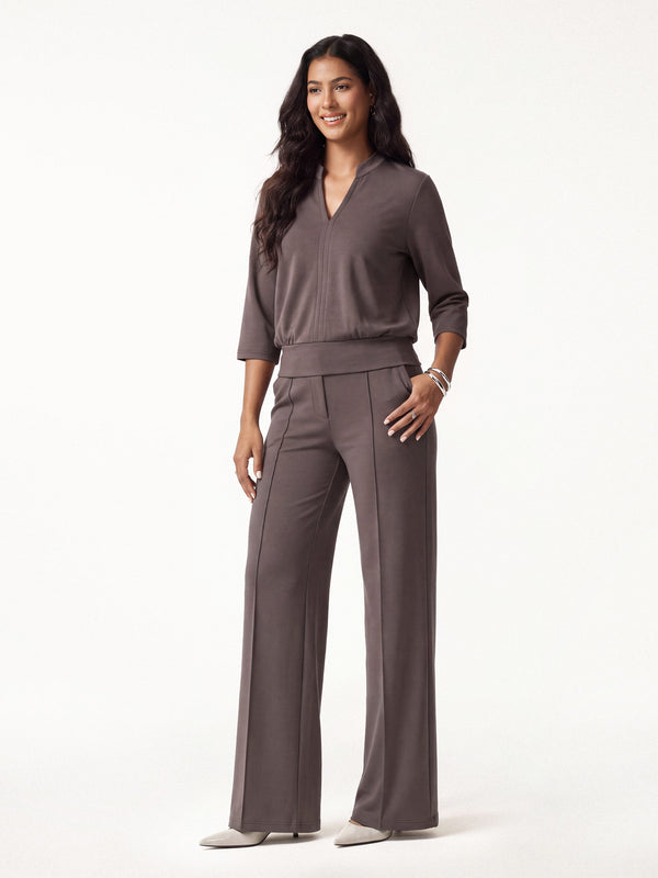 OGLmove 2Pcs Set V-Neck Elbow Sleeve Top & Mid Rise Straight Leg Pants with Pockets Deepest Mauve XXS