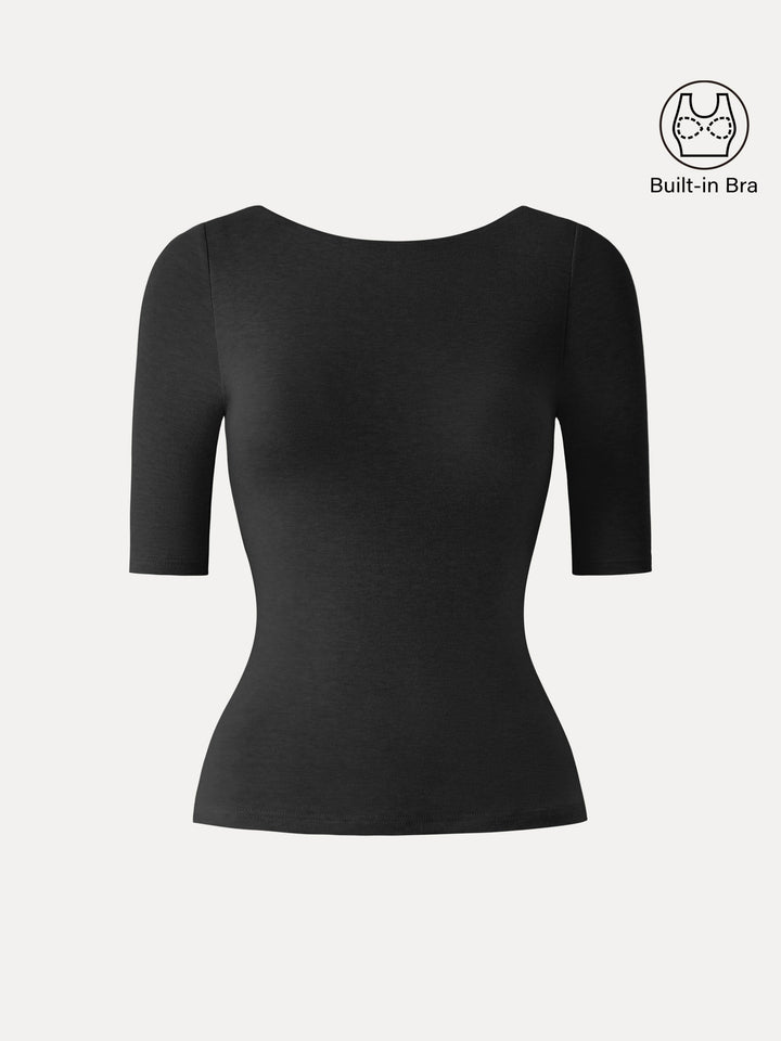 Essential Lyocell Cashmere Boatneck Elbow Length Sleeve Brami Black XS