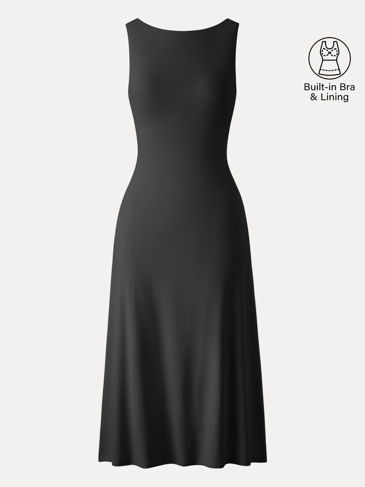 Classy Boatneck Open Back Bandless Midi Brami Dress Black XS