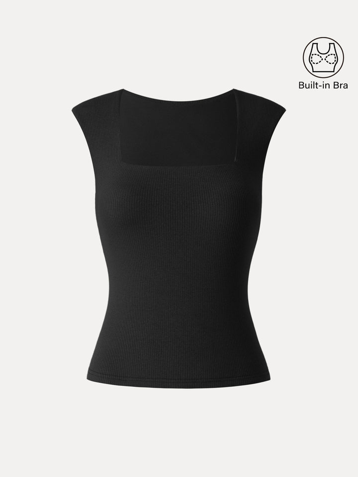 Stretch Cotton Square Neck Ribbed Brami Black XS