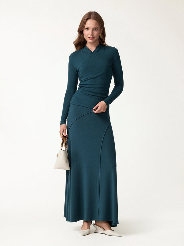 OGLmove 2Pcs Set Surplice Long Sleeve Top & A-Line Midi Skirt Forest Night XXS