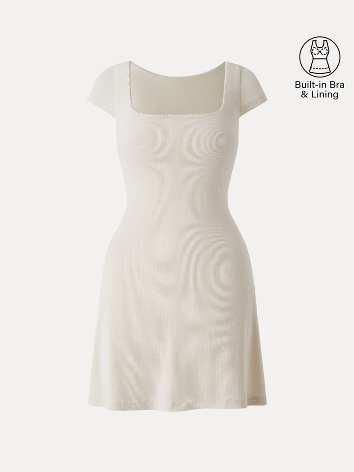 Stretch Cotton Pointelle Square Neck Cap Sleeve Mini Brami Dress