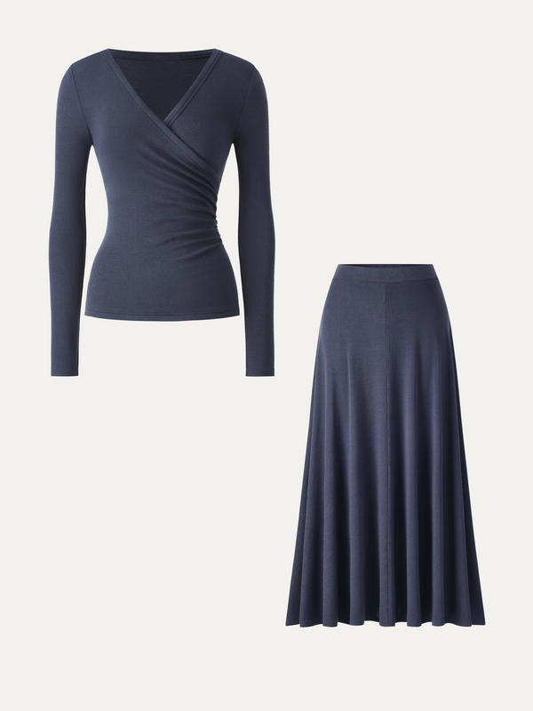 OGLmove 2Pcs Set LiteWarm Surplice Ruched Top & Blend Mid-Rise Umbrella Maxi Skirt