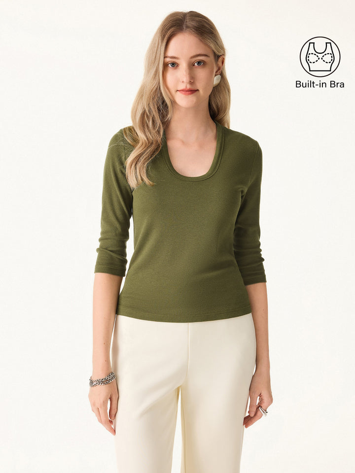 Essential Stretch Cotton U-neck 3/4 Sleeve Brami Lime Olive XS