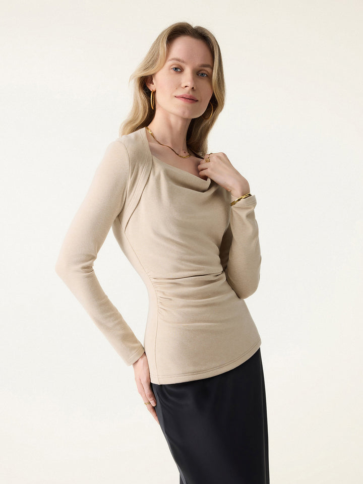 LiteWarm Cowl Neck Ruched Waist Top Natural Calico XS