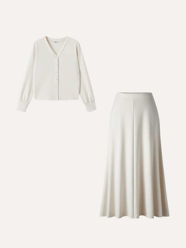 OGLmove 2Pcs Set V-Neck Long Sleeve Cardigan & Knit High-Rise Umbrella Midi Skirt with Pockets