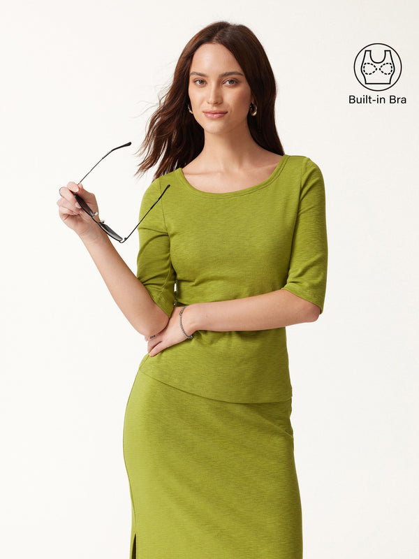 OGLmove Eco-Mousse® Round Neck Elbow Sleeve Bra Top Citrus Green XXS