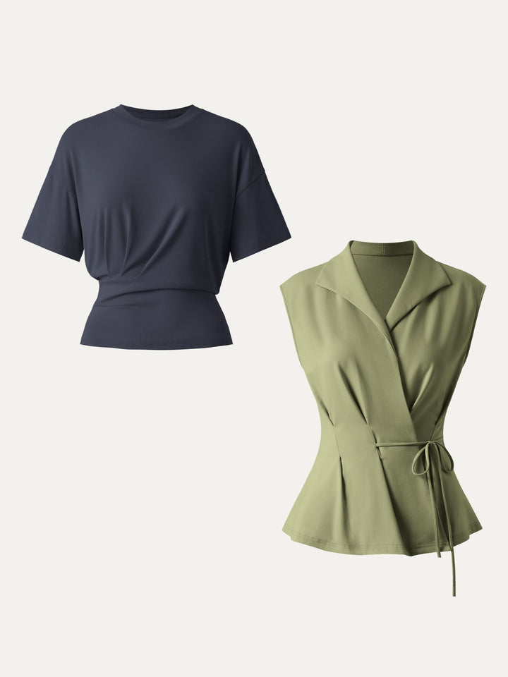2Pcs Set Flap Collar Surplice Top with Drawstring Tie & Crewneck Tucked Tee
