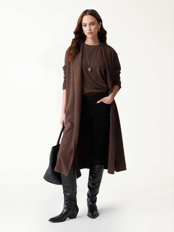 OGLmove 2Pcs Set MaxWarm Shawl Collar Long Sleeve Midi Cardigan with Pockets & Boatneck Long Sleeve Textured Top Walnut Brown XXS