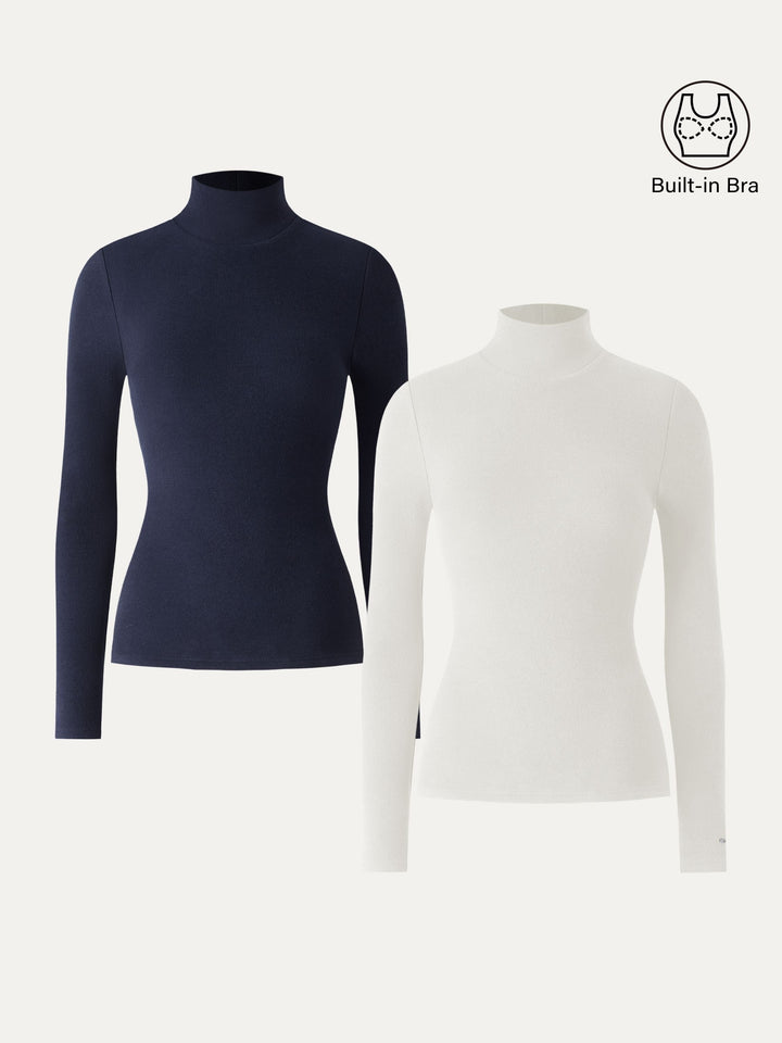 2Pcs Set LiteWarm Turtleneck Long Sleeve Brami Off White/Midnight Navy XS