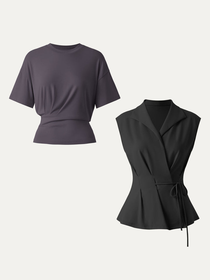 2Pcs Set Flap Collar Surplice Top with Drawstring Tie & Crewneck Tucked Tee