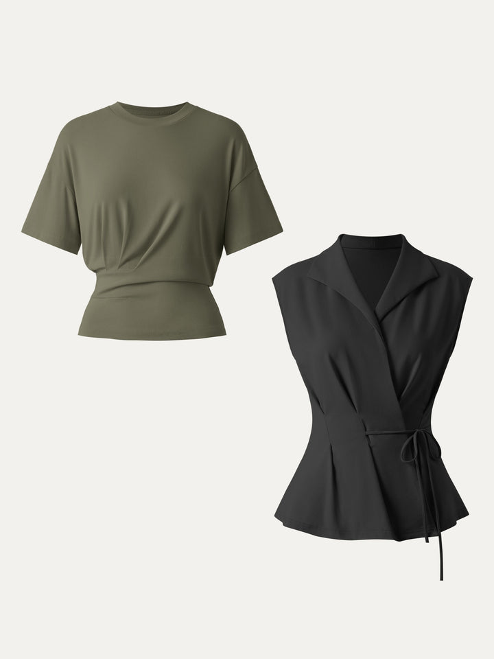 2Pcs Set Flap Collar Surplice Top with Drawstring Tie & Crewneck Tucked Tee