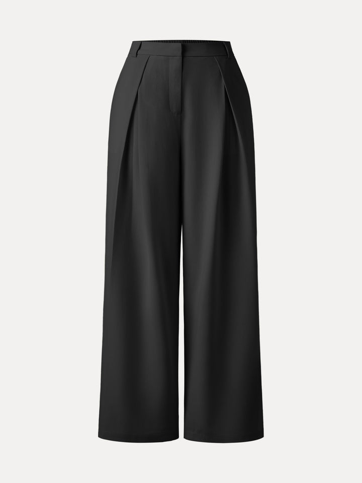 Tencel-Linen Pants Wrinkle-Free Tucked Wide Leg Trouser Black XS